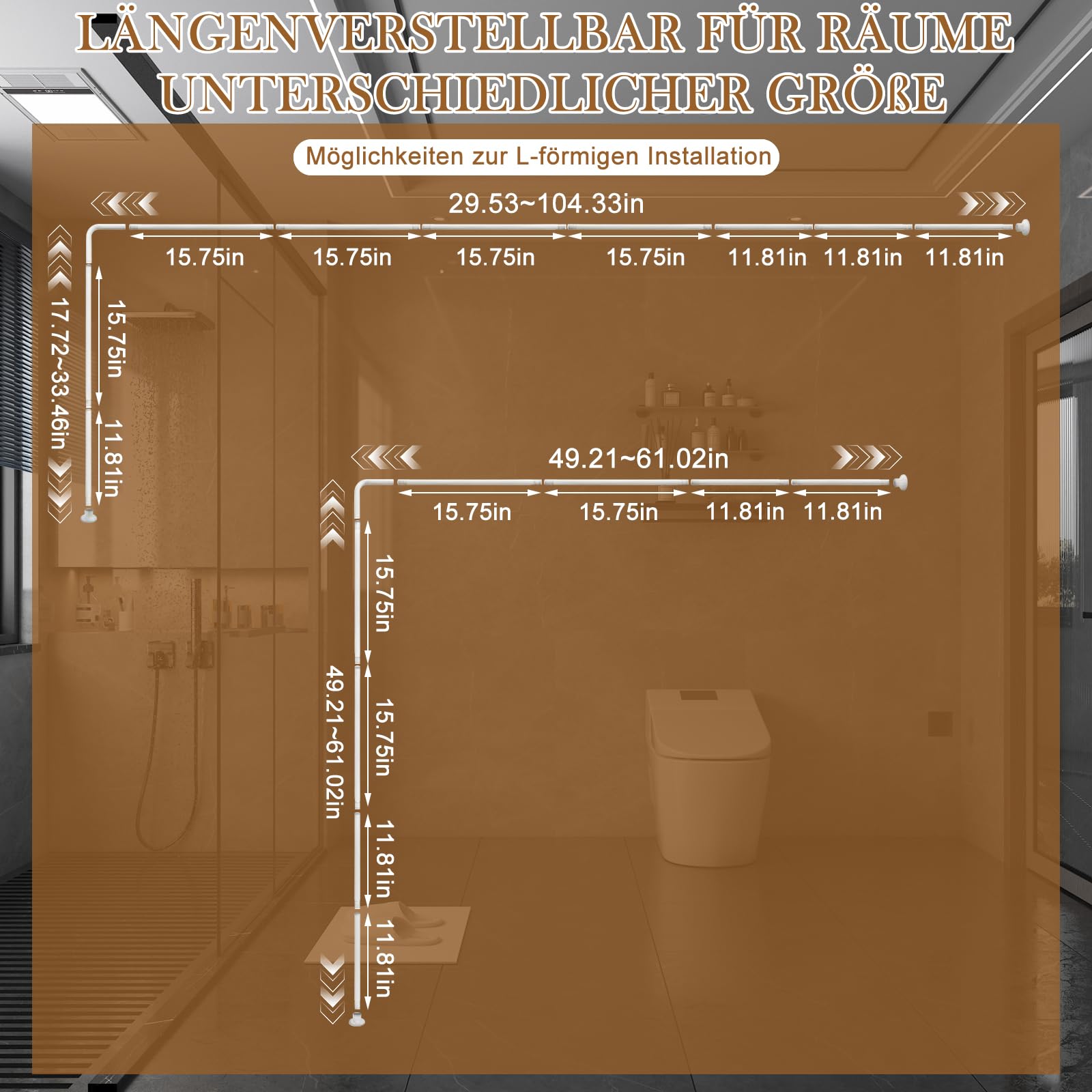 Tringle de rideau de douche en forme de U / L, flexible et réglable en acier inoxydable, barre de douche d'angle avec support de plafond pour baignoire/salle de bain, montage de perçage nécessaire, 4