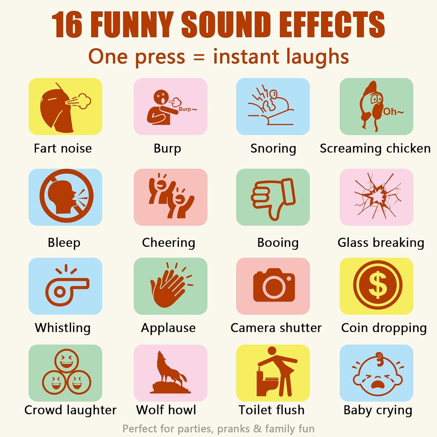 Sound Effects Machine, 3-Level Volume Control, 16 Effects, Portable Prank Fart Noise Maker for Parties, Classroom and Office, Easter Basket Stuffer, White Elephant Gift for Boys, Kids and Teens