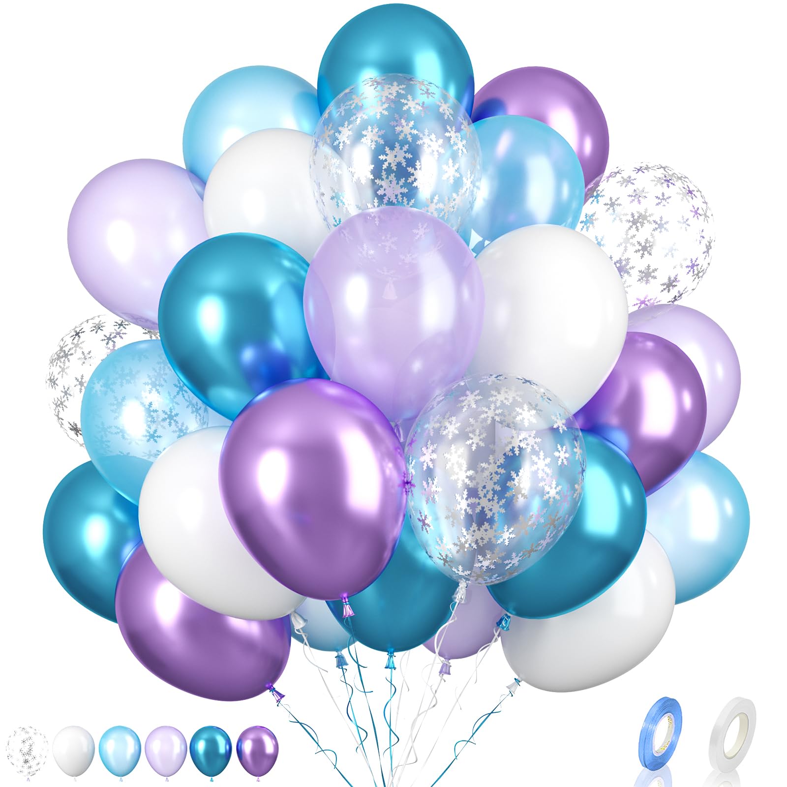 Biapian Frozen Balloons, 60 Pcs Blue Purple Balloons, 12 Inch Metallic Blue Purple Latex Balloons Silver Snowflake Confetti Balloons for Girls Frozen