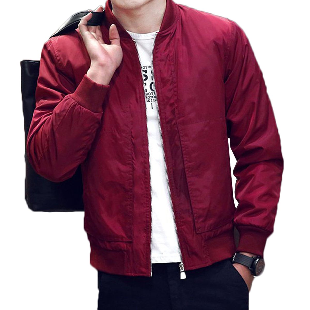 Men Fashion Classic Collarless Bomber Jacket Slim Bike Motorcycle Coat Outwear(US Size XXS, Red)