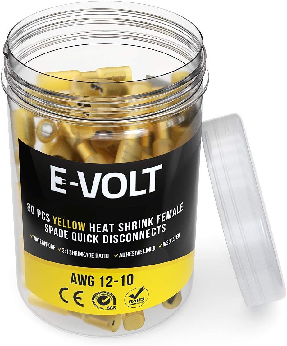 E-VOLT Female Spade Crimp Connectors – 80 PC 3:1 Polyolefin Heat Shrink Wire Connectors for 12-10 AWG | Industrial Grade Quick Disconnect Electrical Connectors for Boats, Automotive and Audio : Sports & Outdoors