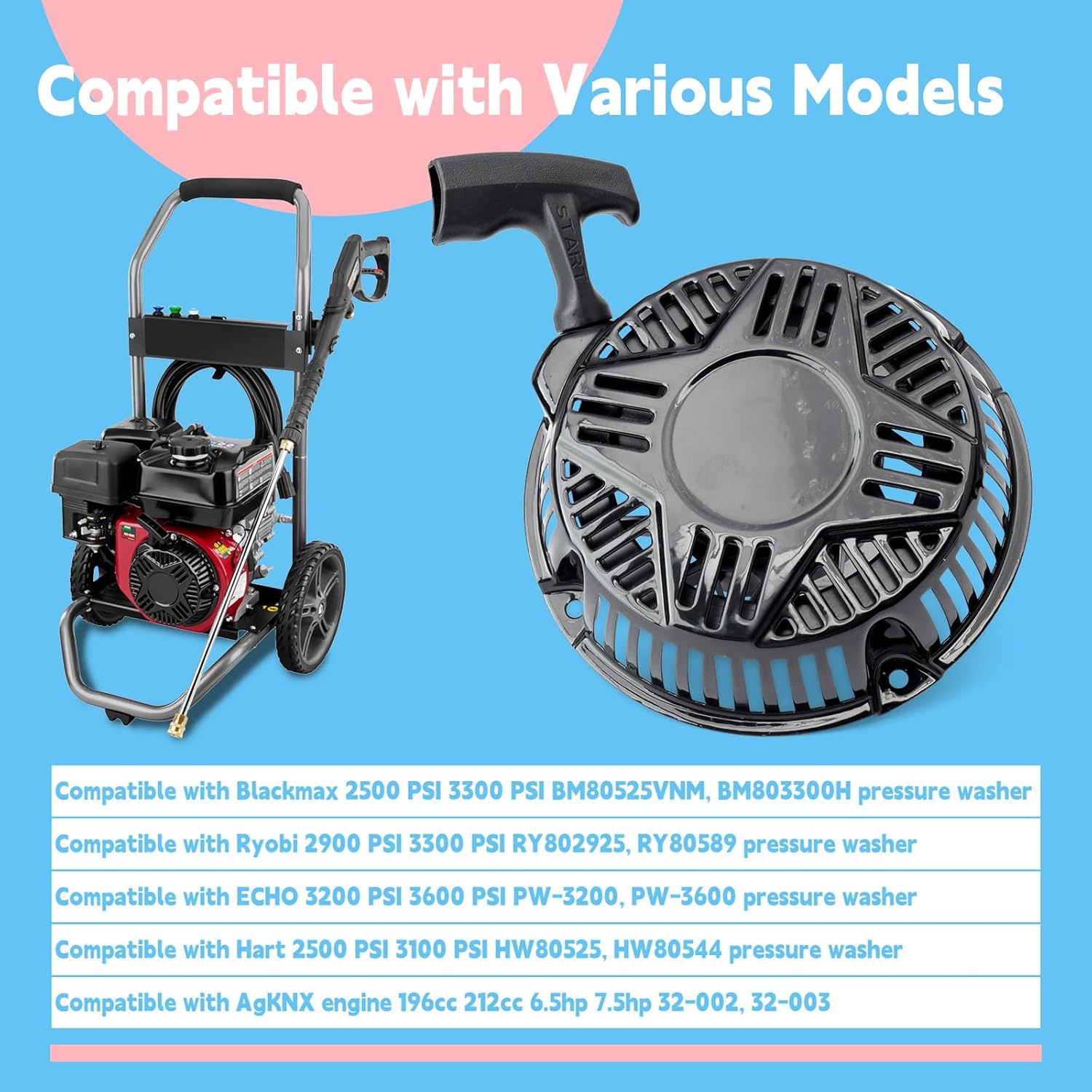 Recoil Starter Assembly Replacement for Black Max BM80525VNM for Ryobi for Echo for Hart for Ducar 212cc Engine 2500 2900 3100 3300 3200 3600 PSI Pressure Washer, w/Bolt & Gasket