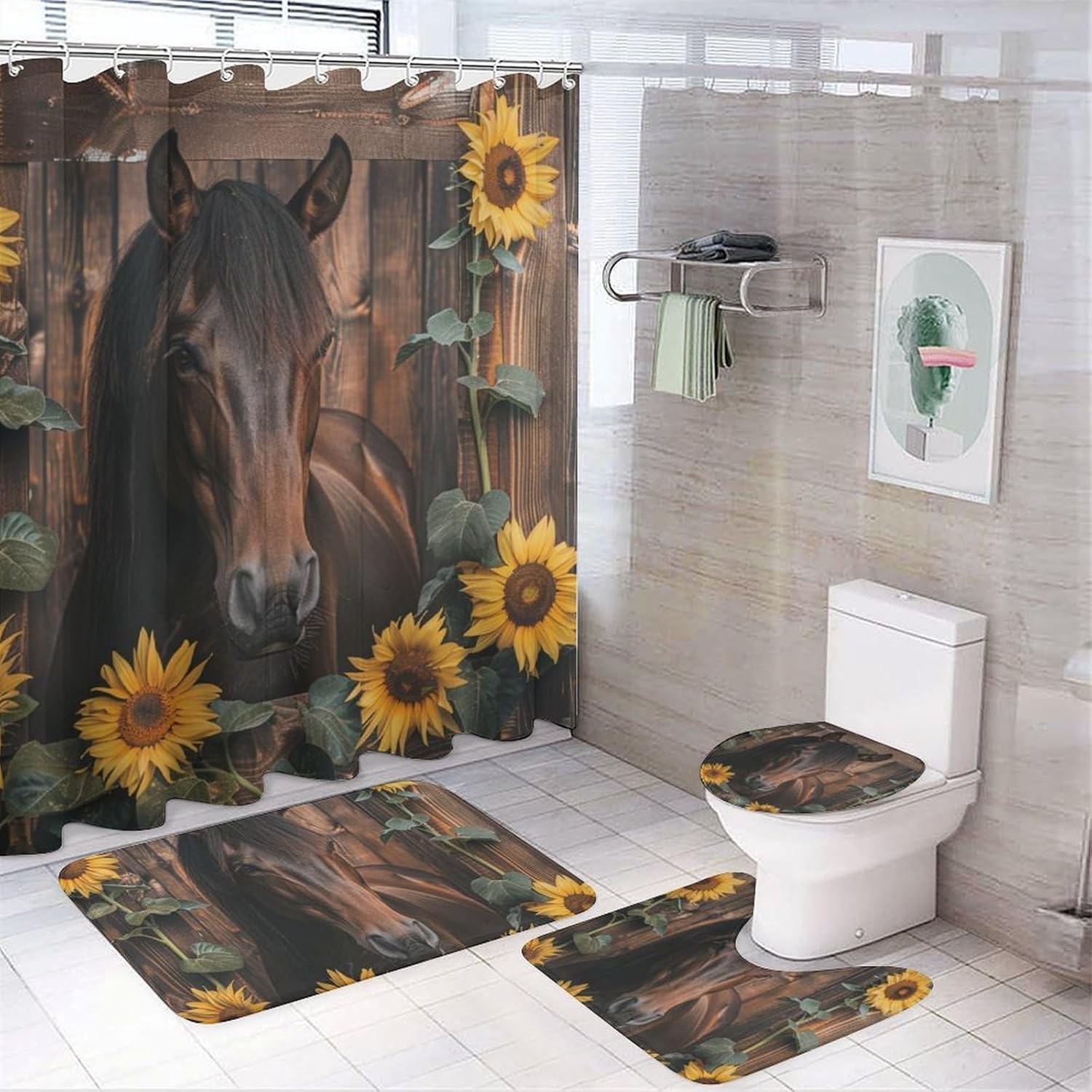4Pcs Floral Leaves Horse Animal Shower Curtain Sets, 4pcs Vintage Rustic Sunflower Shower Curtains for Bathroom with Rugs, Toilet Lid Cover, Bath Mat, 72" x 72"