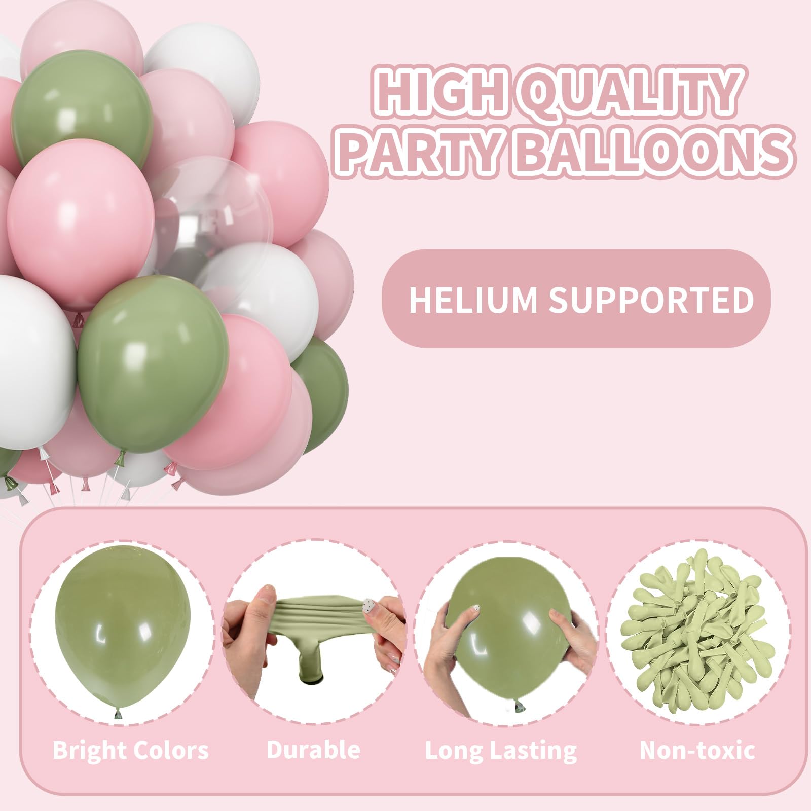 Luftballons in Altrosa/Grün/Weiß, 60 Stück, 30,5 cm, hellrosa, salbei, olivgrün, transparent, Helium-Latex-Luftballons für Bogen, Walddekoration, Schmetterling, Wildblume, Babyparty, Babyparty