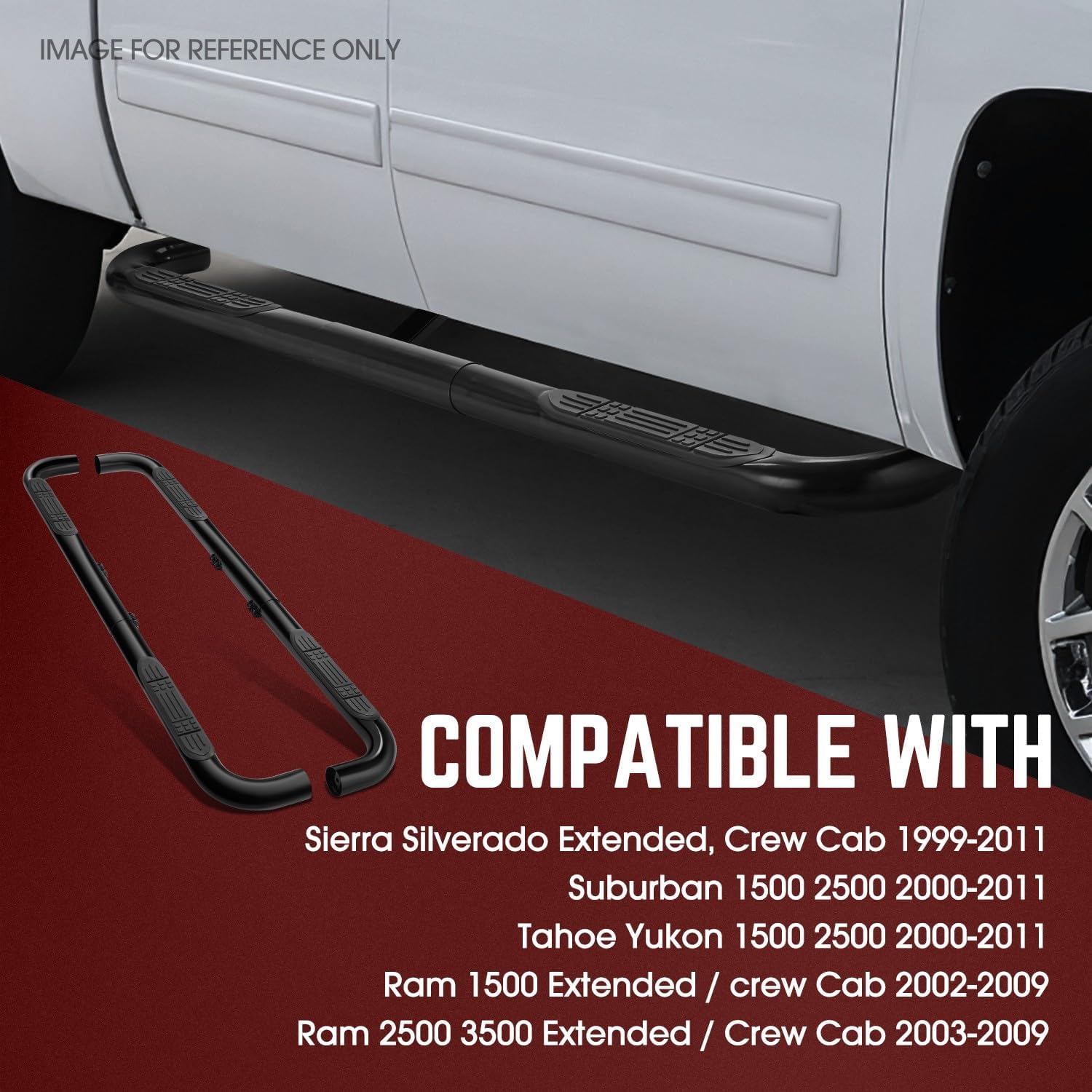 DNA Motoring 3.5in Nerf Bar Running Board Compatible with 99-11 Sierra Silverado Extended,00-11 Suburban/Tahoe Yukon 1500 2500,02-09 Ram 1500 Extended/ 03-09 Ram 2500 3500 Extended,STEPB-35-UNI-BK