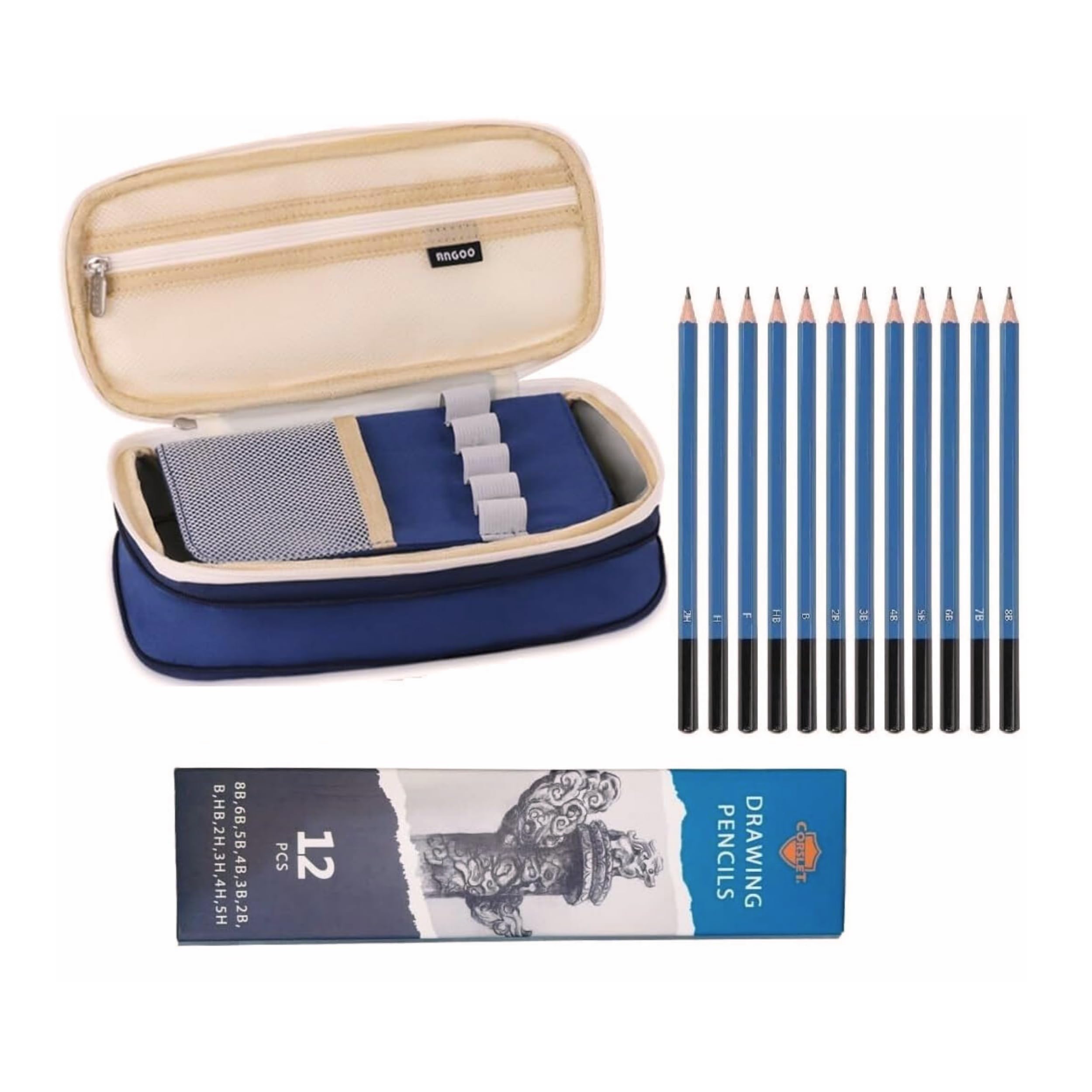 Corslet Large Capacity 3-Compartment Pencil Case, Aesthetic Pencil Pouch for School, Office & College, Cute Stationery Organizer with 12 Pcs Drawing Sketching Pencil Set