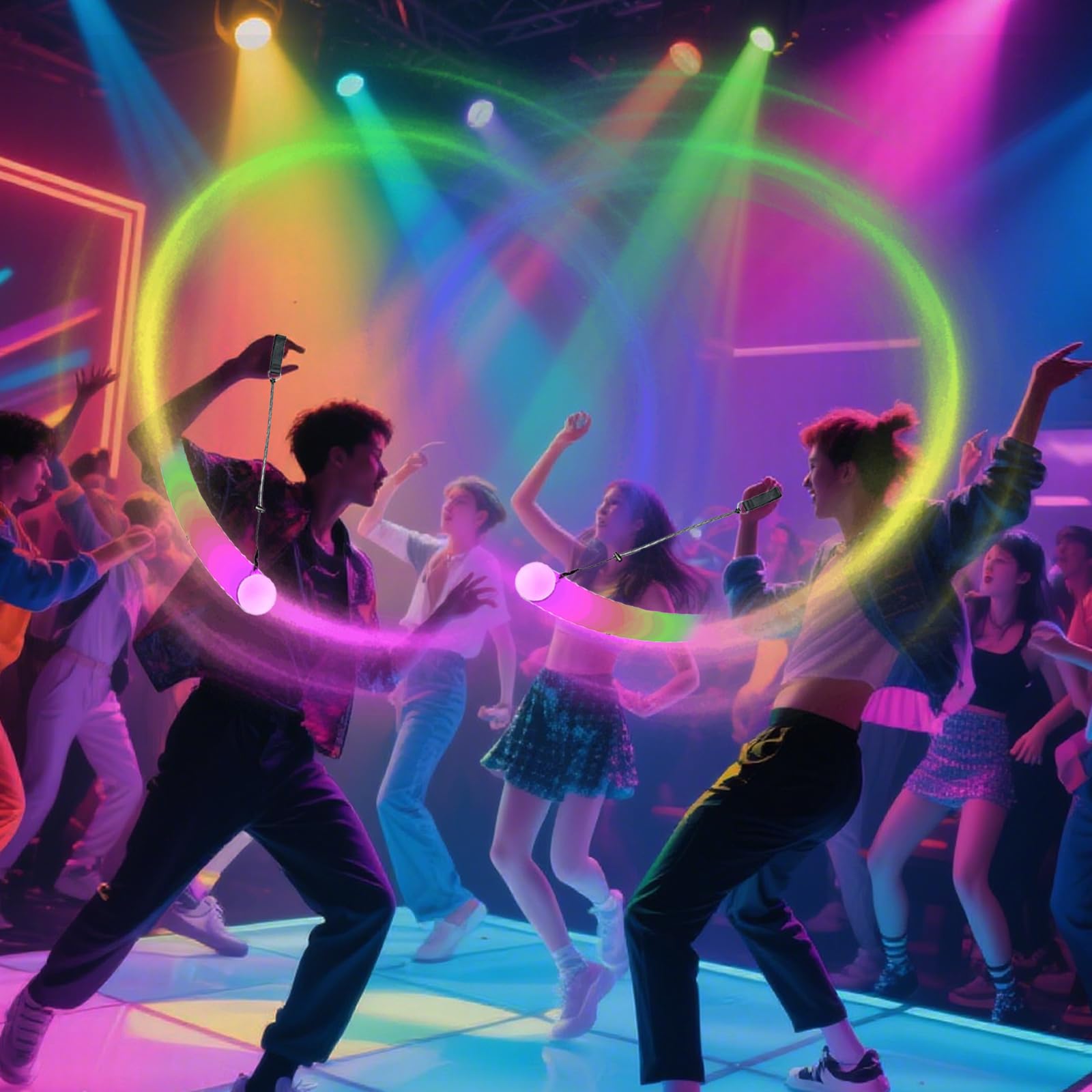 2 Stück LED Poi Bälle, Jonglierbälle Leuchtend, Leuchtball, Led Ball mit Regenbogen Farben und Strobe Effekt, Zirkus Spielzeug, Spinning Set für Erwachsene, Anfänger und Profis