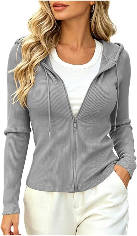 Womens Ribbed Knit Cropped Coats Long Sleeve Drawstring Hoodies