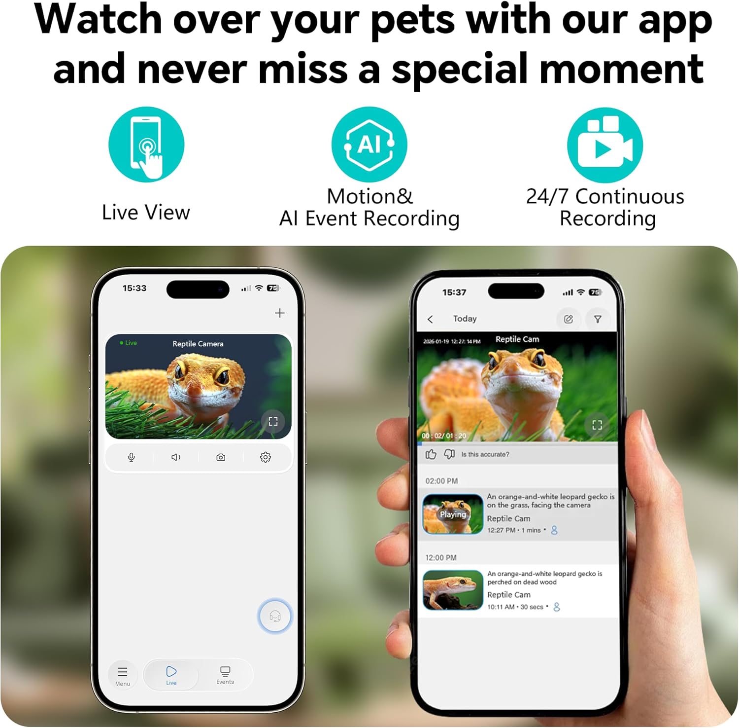 3MP 2K AI Reptile & Aquarium Camera with Angle Magnetic Mount, Close-Focus Lens for Fish Tank Terrarium Lizard Snake Pet, 2.4G&5GHz WiFi, 24/7 Recording, Anti-Glare & No Reflection