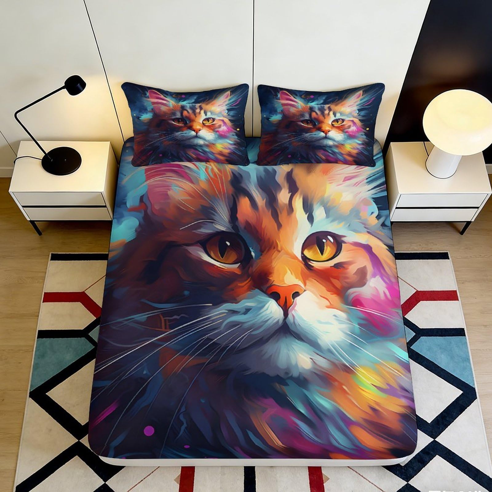 3D Printed Colorful Cat Fitted Sheet Microfiber Deep Pocket Bedroom Bedding Rainbow Cat Mattress Fitted Cover Non-Slip Home 180x200x25cm