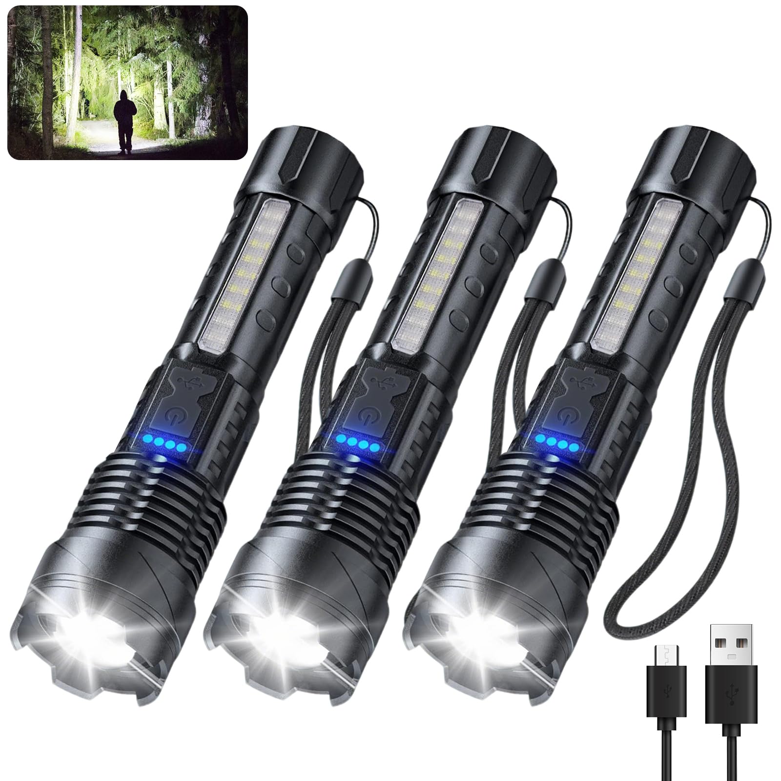 JIJ Flashlight 3 Pack, Rechargeable Flashlights High Lumens, 7 Modes LED Flashlight with IP67 Waterproof, Adjustable Handheld Tactical Flashlight for