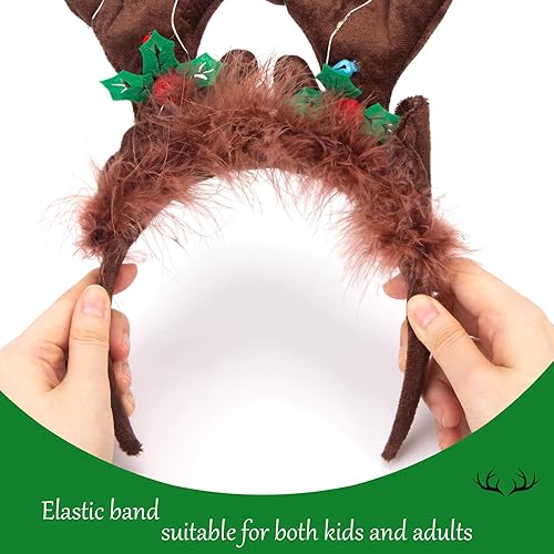 Miniatura 7 de LovesTown Diadema de cuernos de reno iluminada, diadema de reno de Navidad, diadema de reno de felpa LED para disfraz de fiesta de Navidad