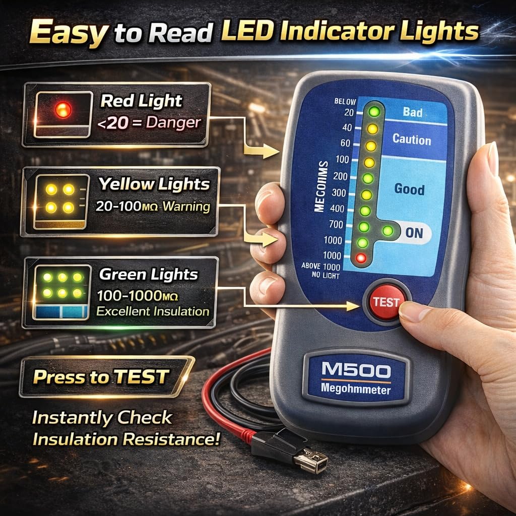 M500 Insulation Tester Megohmmeter, 500V Digital Insulation Resistance Tester up to 1000MΩ, HVAC Compressor & Motor, Battery Operated, Includes Soft Carrying Cas