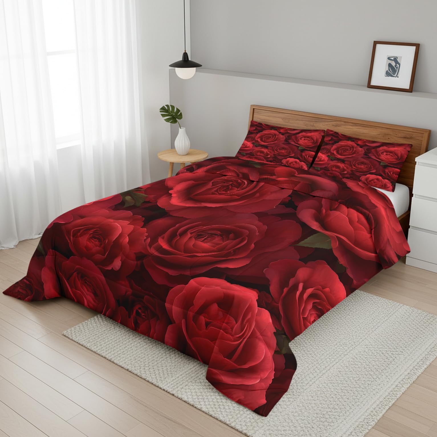 Generisch Bettdecke 155x220 Blumen Rot - 4 Jahreszeiten, Vintage 3D Rosen Blumenmuster Steppdecke & 1 Kissenbezug 80x80 - Schlafzimmer Deko, Weiche Mikrofaser Ganzjahresdecke Ohne Bezug #m350