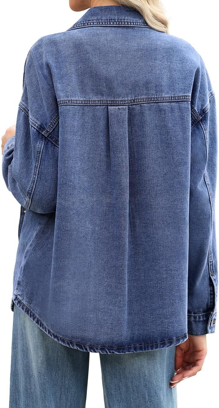 Women Denim Shirt Jacket Oversized Button Down Jean Shacket chambray Shirt