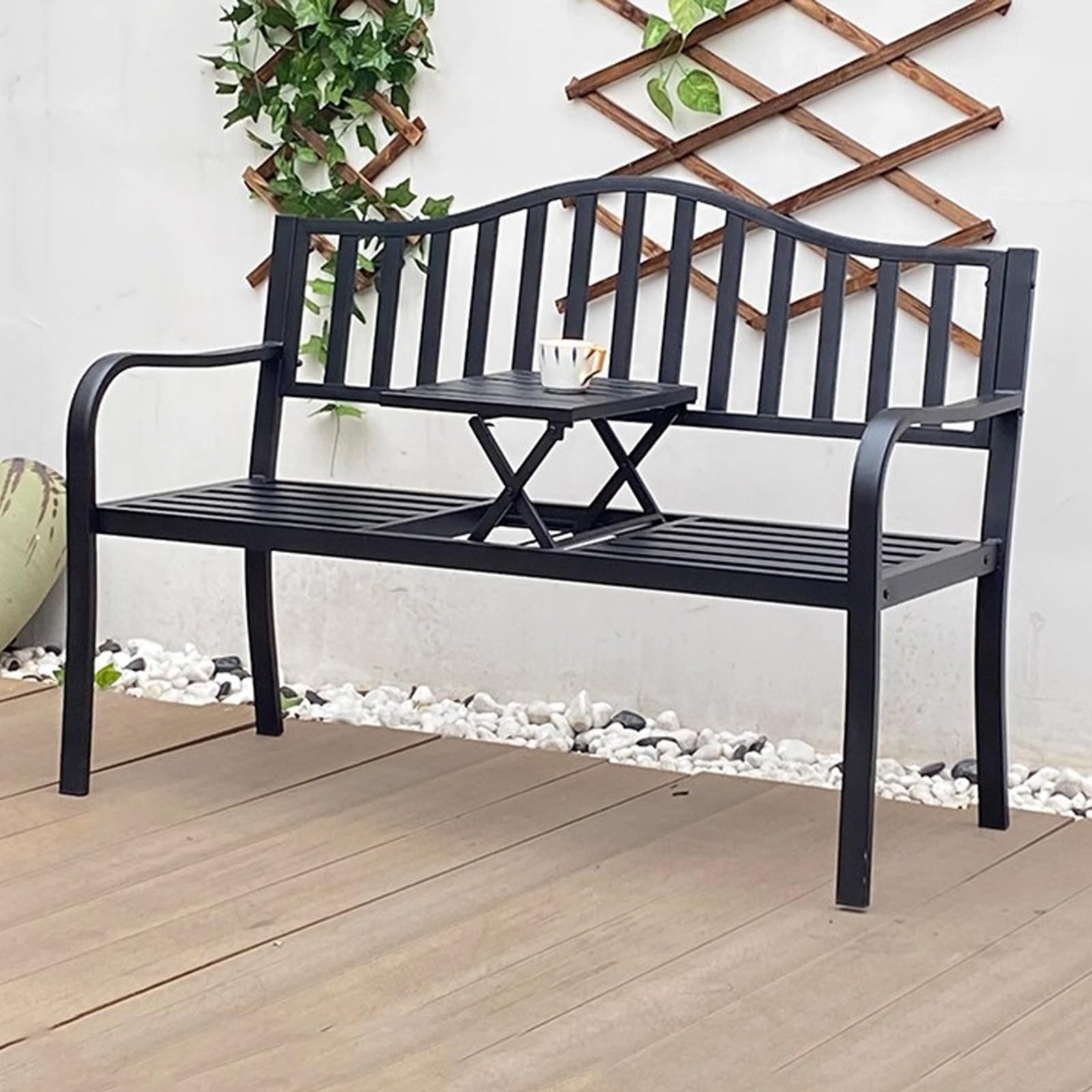 Banco de metal para jardín con mesa extraíble de 3 plazas
