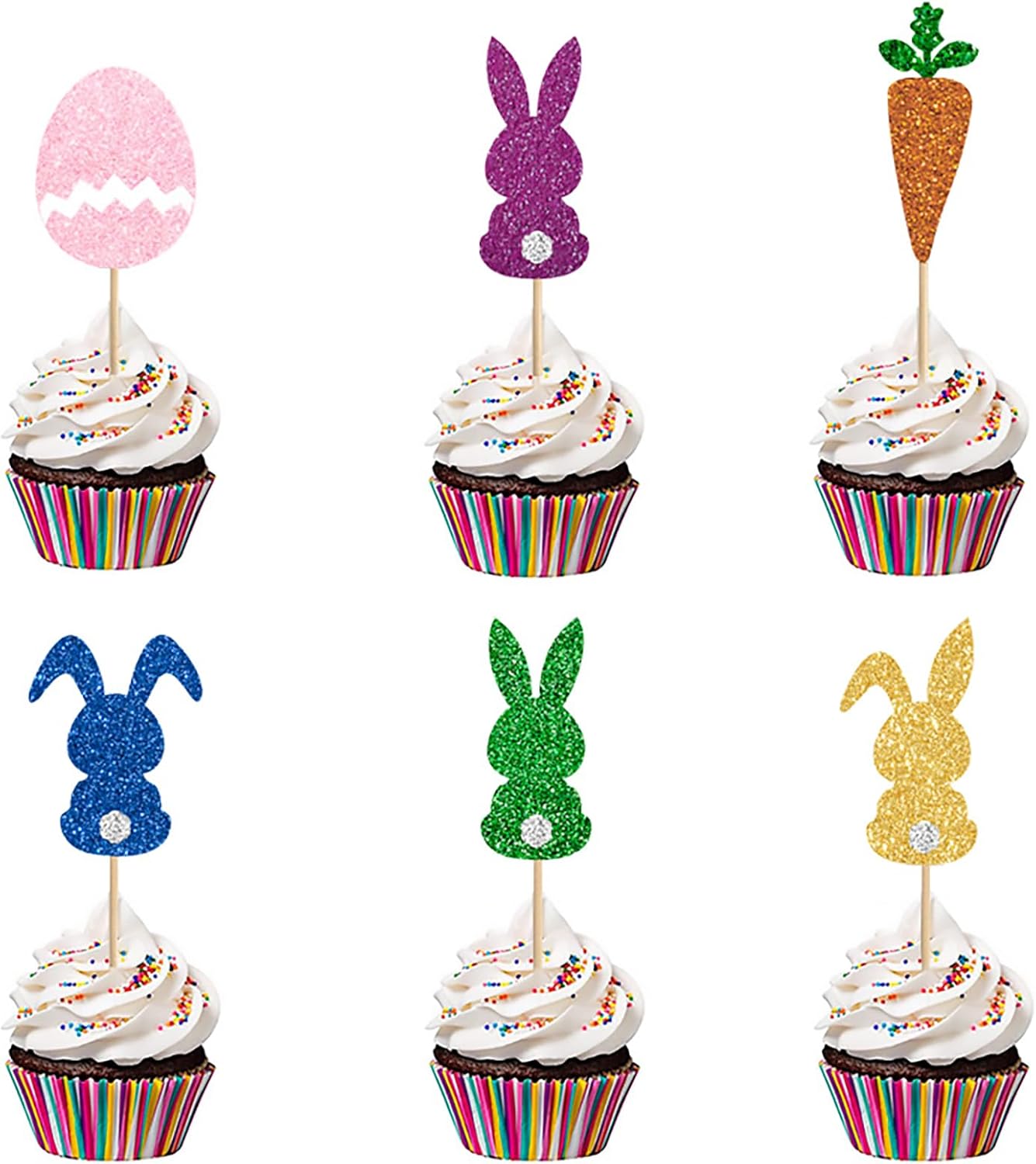 24PCS Glitter Easter Cake Topper Bunny Cupcake Toppers Carrot Rabbit Easter Egg Cup Cakes Picks for Happy Theme Spring Theme Birthday Party Cake Decorations Supplies