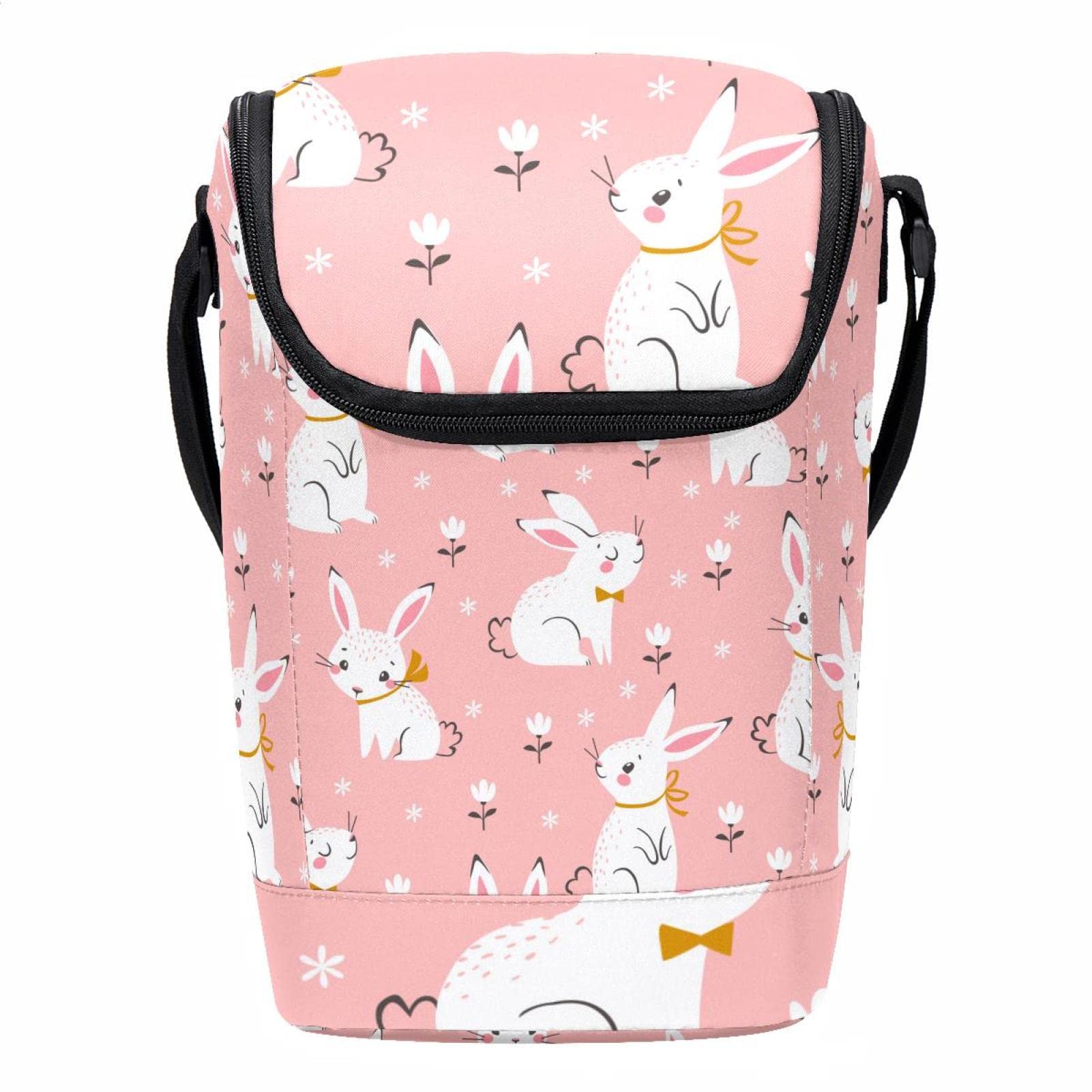 Bolsa de almuerzo con conejo de Pascua rosa y diseño floral porta alimentos reutilizable