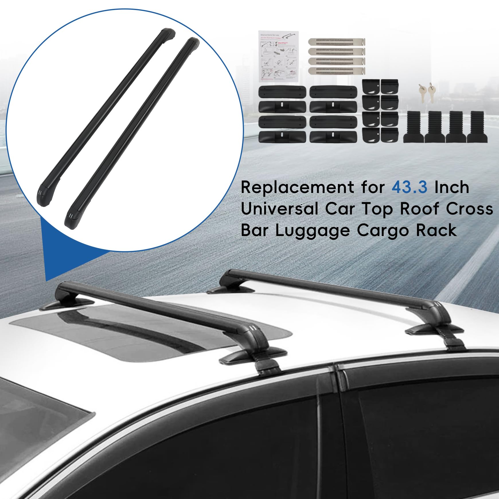 2Pcs 43.3 Inch Universal Car Top Roof Cross Bar Luggage Cargo Rack Adjustable Window Frame Aluminum Black
