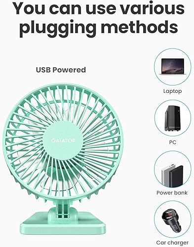 Vista 46 de Gaiatop Ventilador de escritorio USB, pequeño pero potente, portátil, silencioso, 3 velocidades, mini ventilador de escritorio ajustable