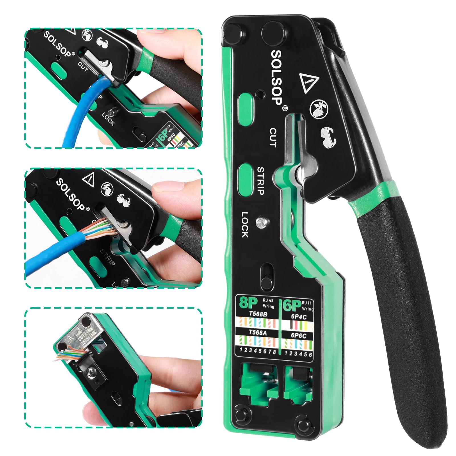 Solsop Pinza crimpatrice RJ45 passante, Cat6, per connettore Cat5, Cat5e, Cat6, 8P8C, strumento di crimpatura RJ45 tutto in uno e tester LAN