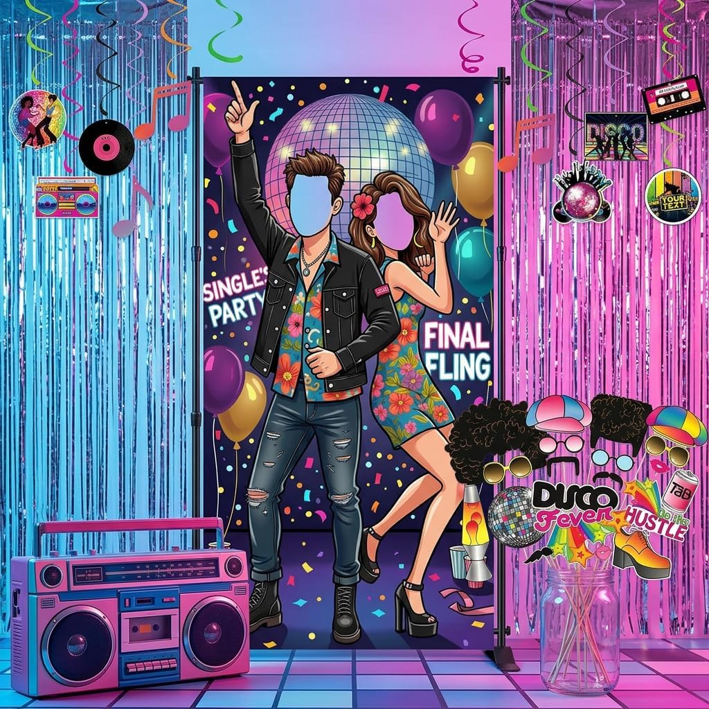 Disco Party Photo Booth Backdrop Kit, Retro 70s Neon, 30 Pcs Decor Set | Retro neon dance floor design, 70s disco bachelorette party, 80s birthday photo booth, polyester fabric, 30 props included