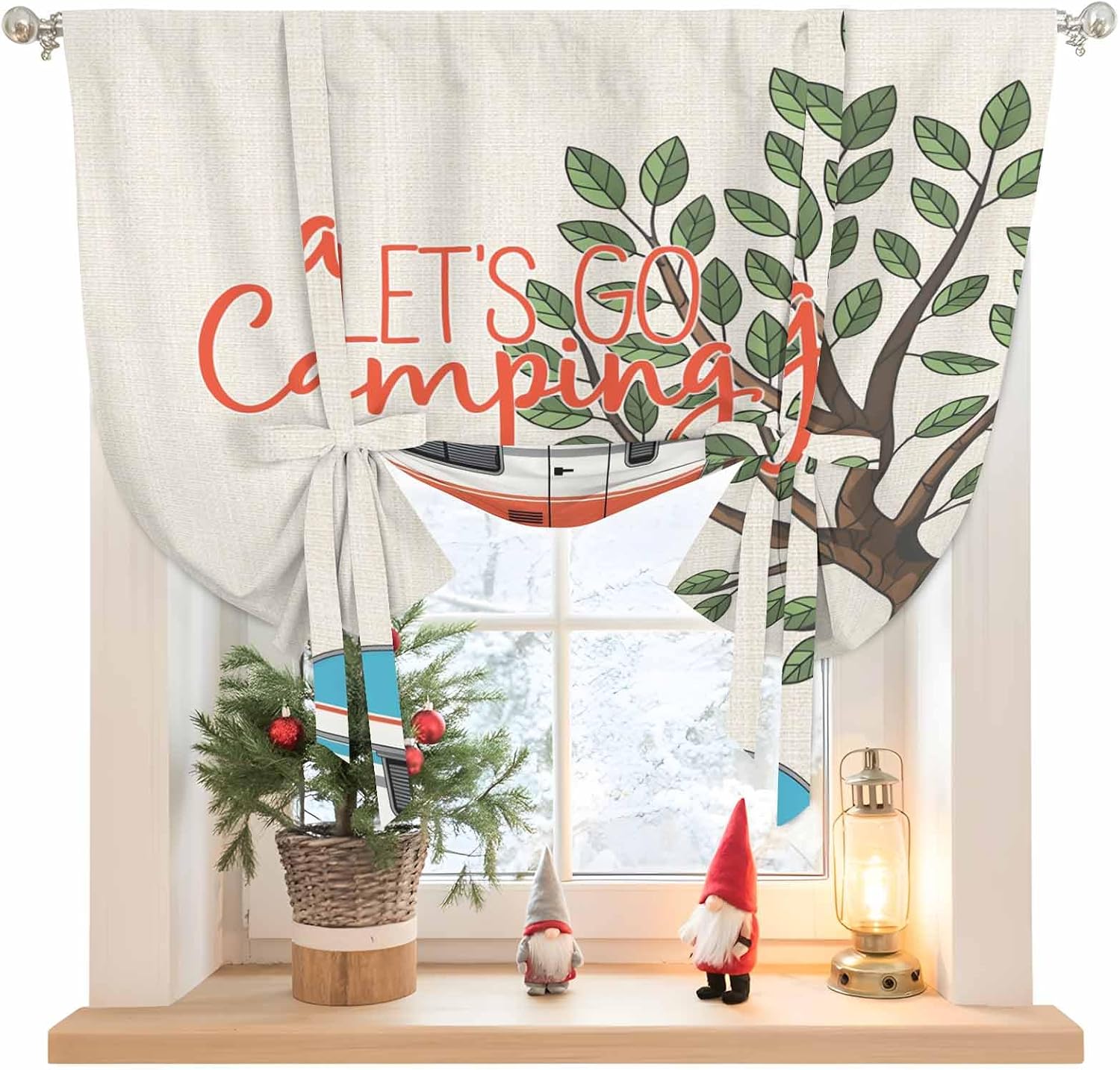 Let's Go Camping Tie Up Curtains for Windows 63 Inch Length Balloon Curtains Kitchen Adjustable Balloon Window Shade Modern Camper Van Trees Burlap Rustic Tie Up Bathroom Curtain Window 46"x63"