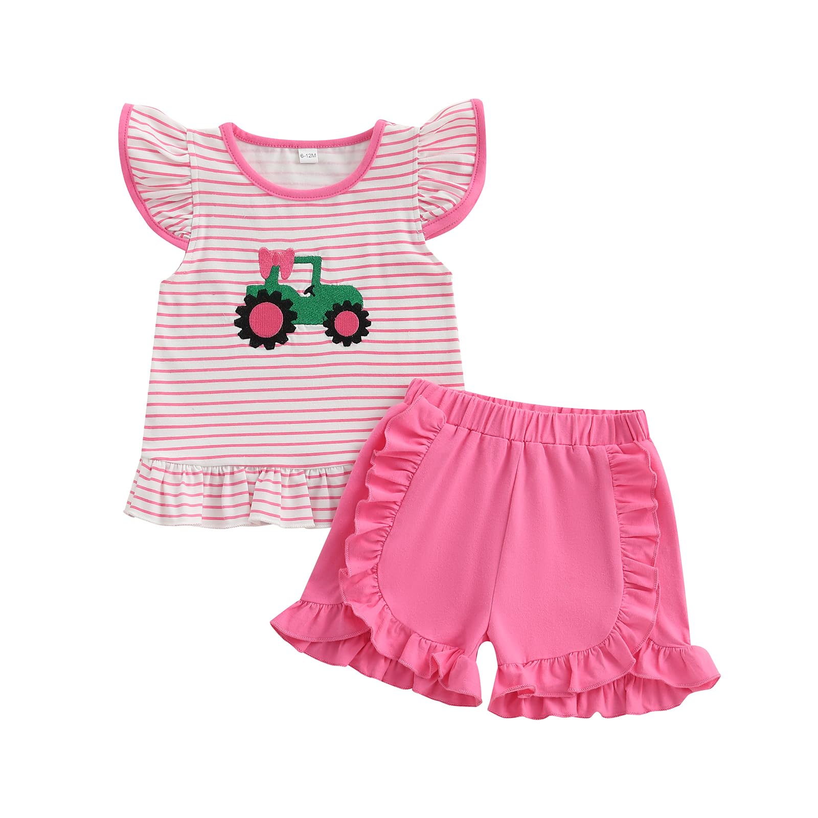 Mobbdow Toddler Baby Girl Farm Outfit Tractor Embroidery Stripe Flutter Sleeve Shirt Tops Ruffle Shorts Set Summer Clothes (Pink, 12-18 Months)