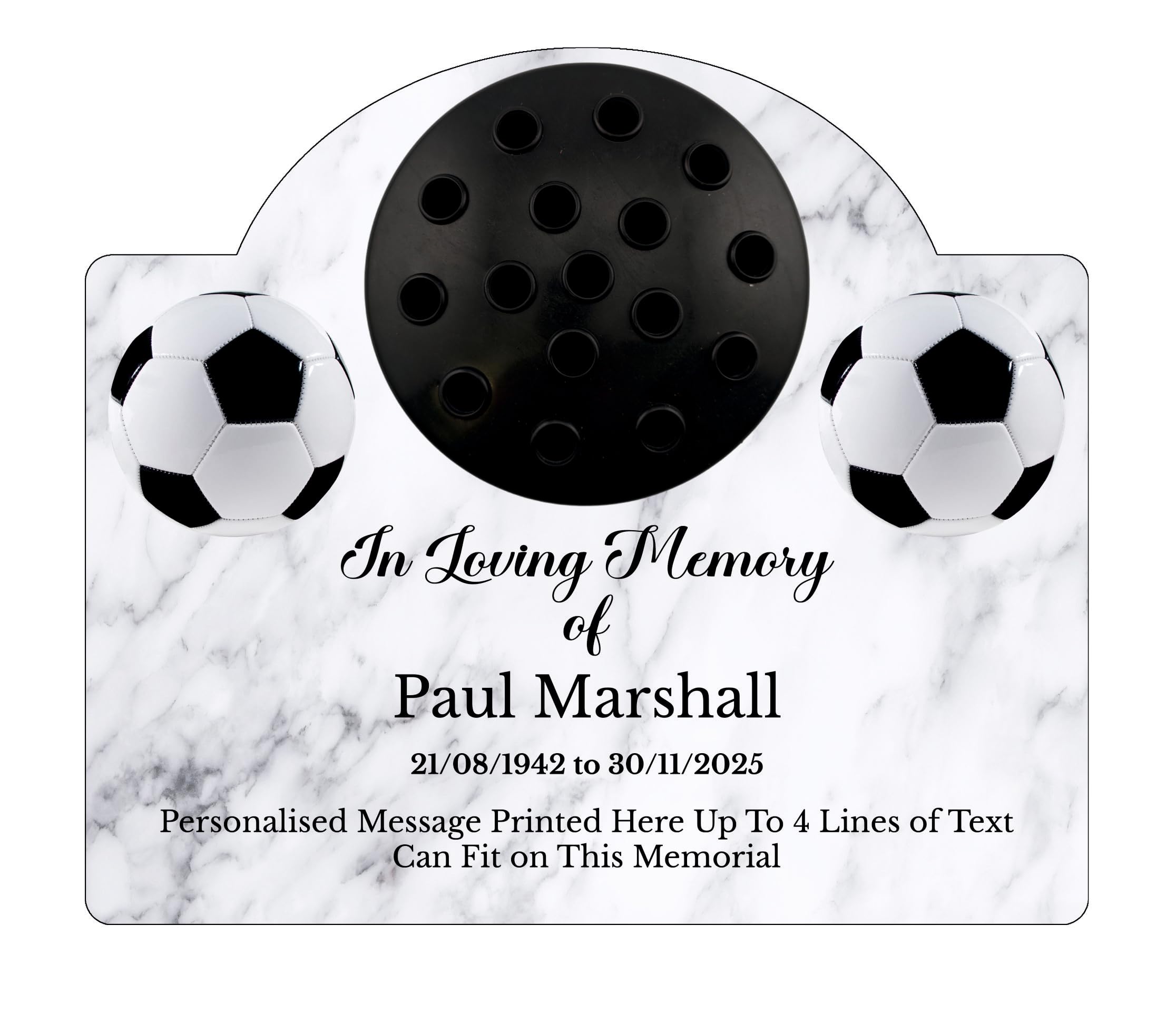 1stclassgifts Personalised Football Design Metal Grave Stone Marker Headstone Memorial Plaque In Memory Sign Remembrance Flower Pot Vase (UV PRINTED) (White Marble, Black Lid)