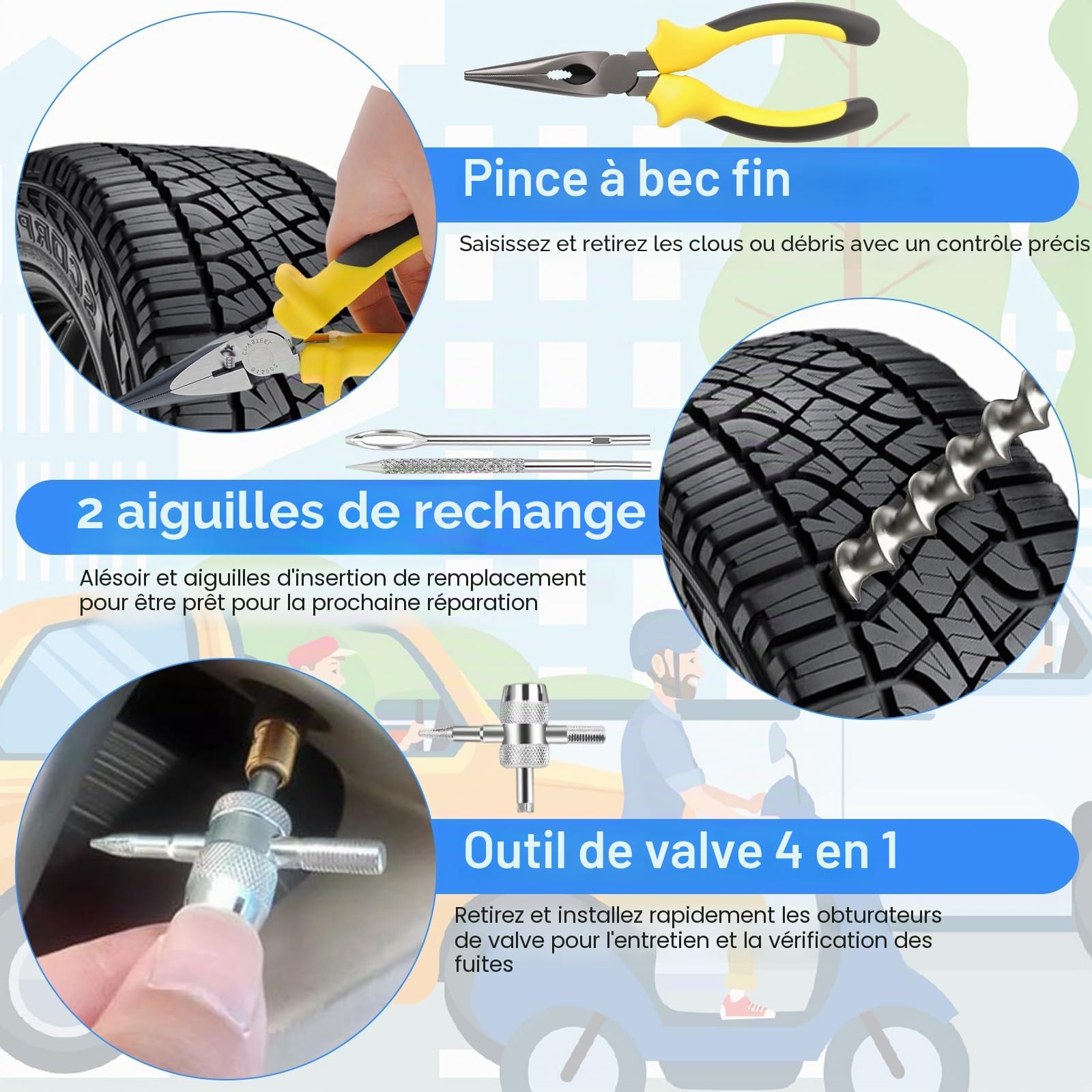 Kit de Réparation de Pneu 160 Pièces Outils de Réparation de Pneus de Voiture avec Boîte à Outils Portable Kit Meche Pneu Crevaison Voiture pour Voitures Motos Camion Tracteur