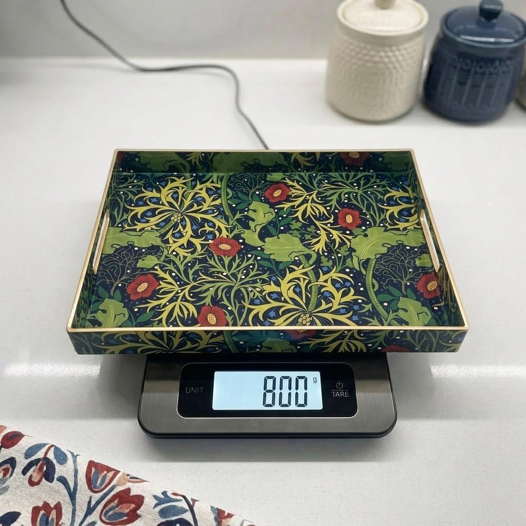15.8" x 11.8" Navy Green Plastic Serving Tray with Handles, Seaweed & Poppy Botanical Floral Pattern with Red & Blue Accents and Gold Trim, for Ottoman, Coffee Table, Vanity