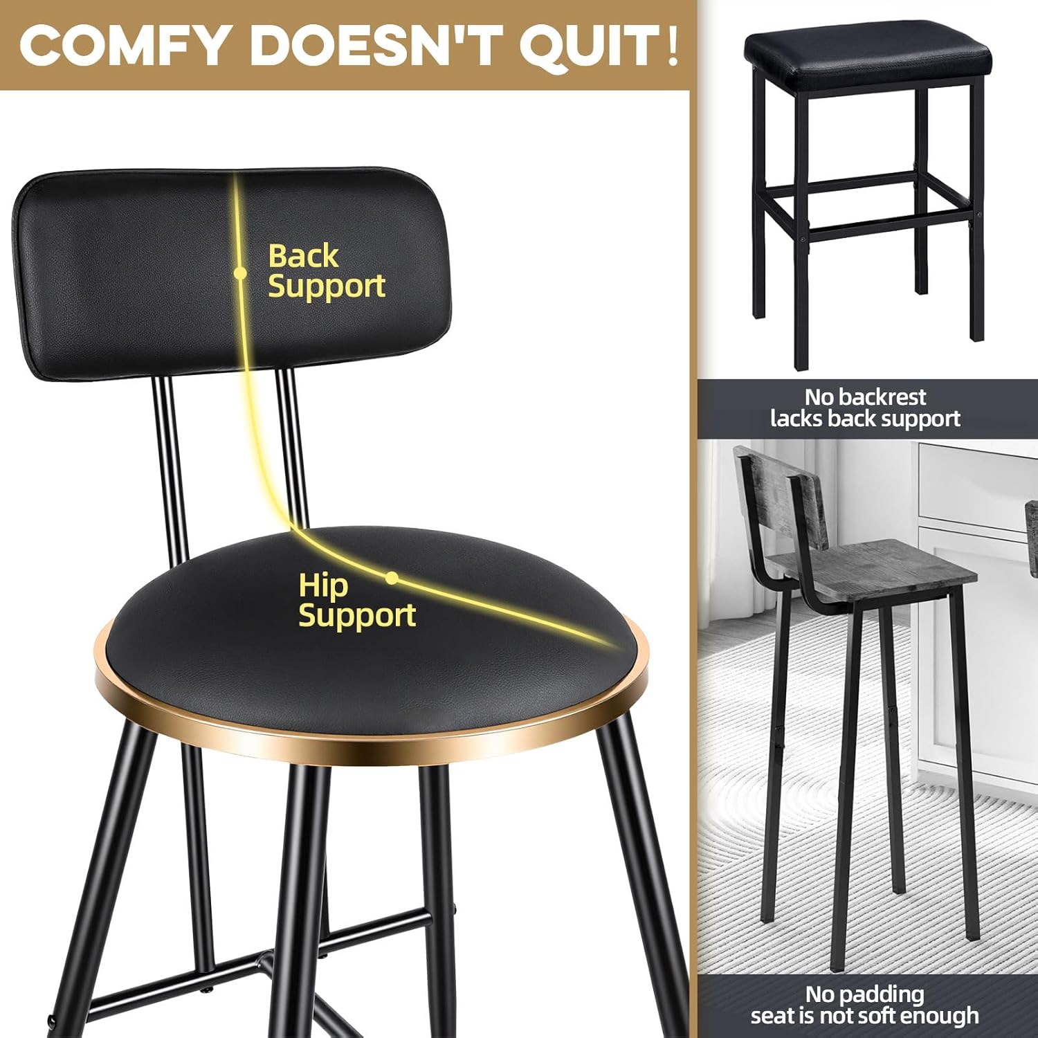 Bar Stools Set of 3 26 Inch Tall Counter Height Barstools with Backs, Upholstered Bar Chairs for Kitchen Island Home Coffee Bar