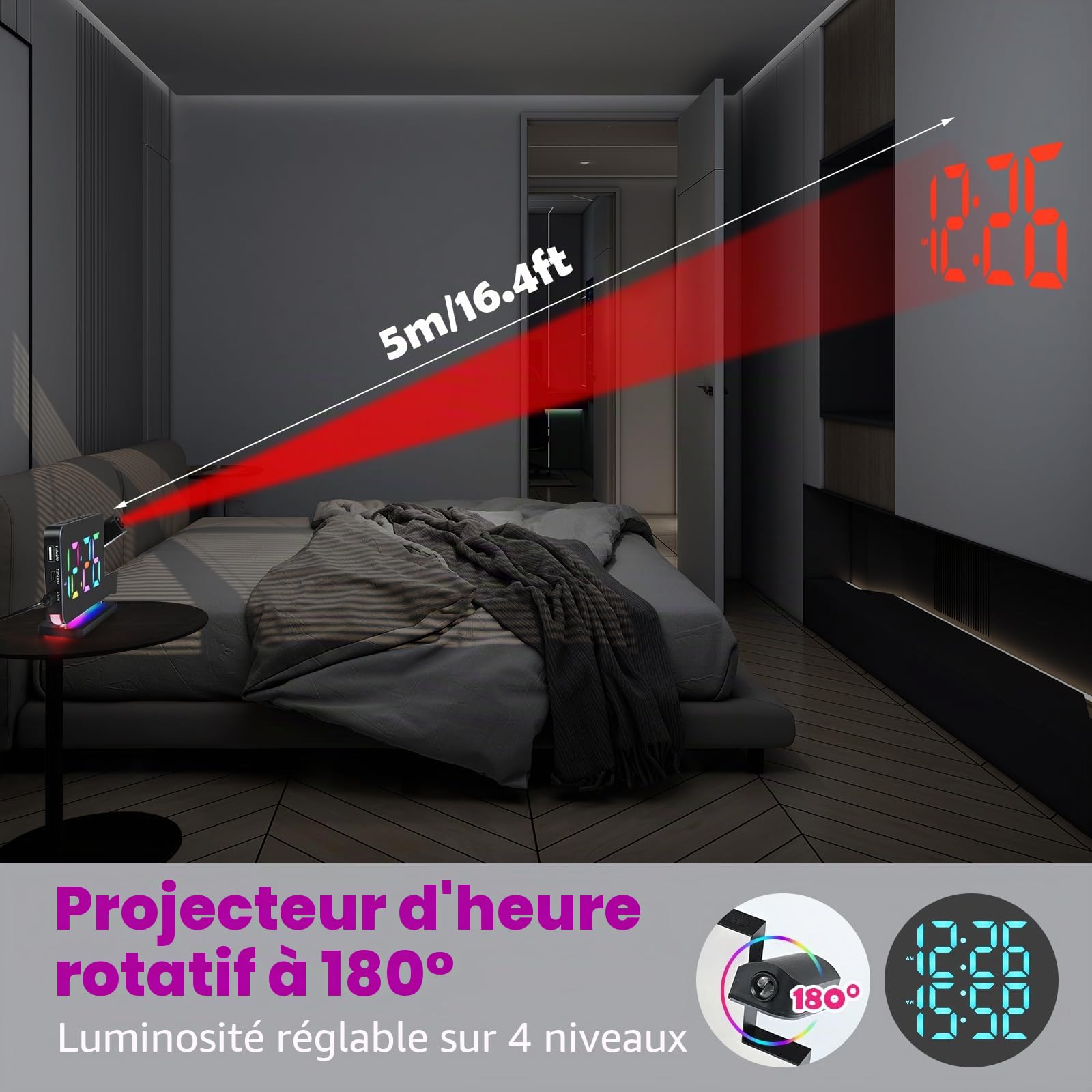 Euakee Réveil Numérique, Réveil avec Projection, Horloge Miroir LED 7.4", Veilleuse 10 Couleurs, Projecteur Rotatif 180°, Chargeur USB-C, Réveils Projection pour Enfants Chambre Filles Garçons (Noir)