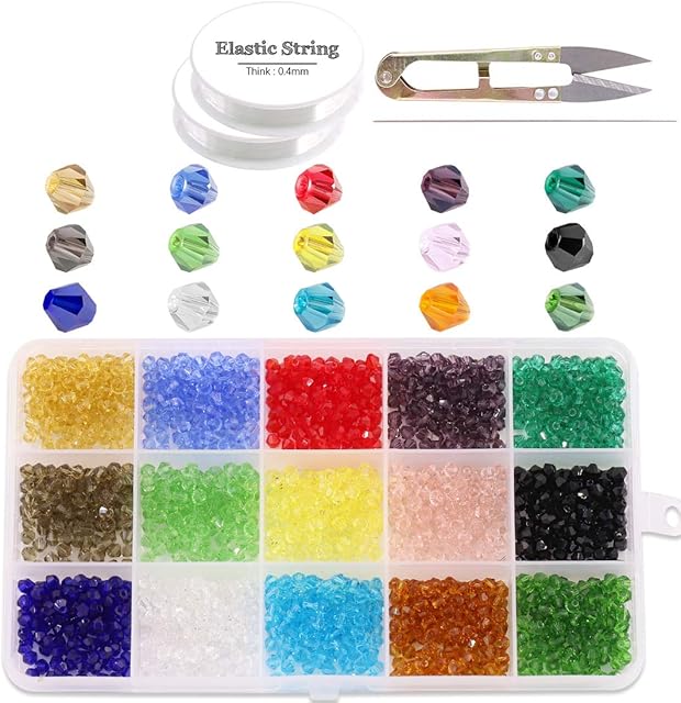 Glarks 1800Pcs 4MM Crystal Bicone Beads Set, 15 Color Bicone Shaped Crystal Glass Faceted Beads with Elastic Rope, Scissor, Needle for DIY Jewelry Making, Bracelets, Necklaces, Earrings