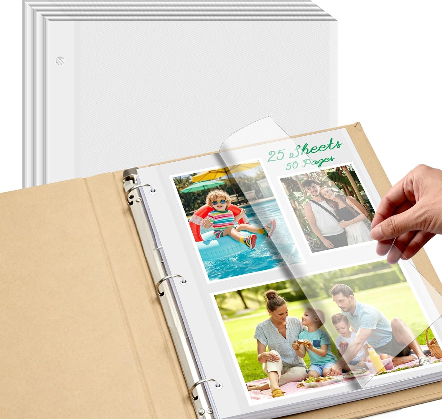25 Sheets/50 Pages Photo Album Refill Pages for 3 Ring Binder, Acid Free & Waterproof Photo Album Self Adhesive Pages for 2x3 4x6 5x7 8x10 Photos, Stamps, Recipe Cards