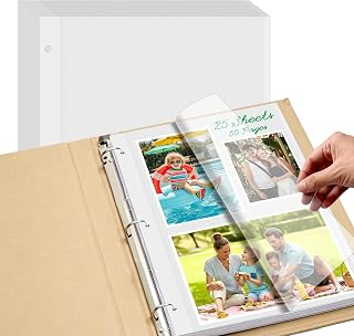 25 Sheets/50 Pages Photo Album Refill Pages for 3 Ring Binder, Acid Free & Waterproof Photo Album Self Adhesive Pages for 2x3 4x6 5x7 8x10 Photos, Stamps, Recipe Cards