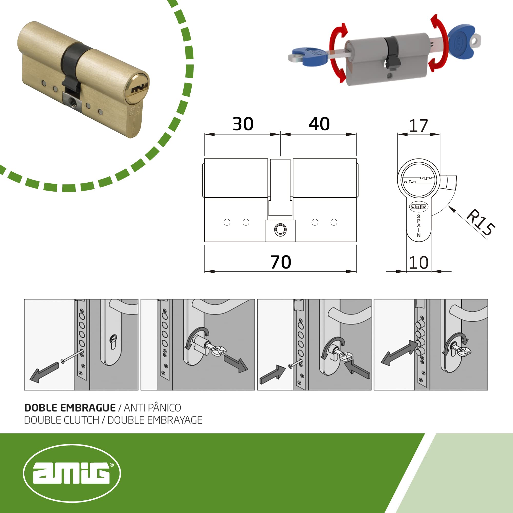 Amig - Pack de Seguridad Cerrojo de Acero y Cilindro de Latón Igualado para Puertas de Madera - Mod. 1PLUS - ø 70 mm (30-40) - Aumenta la Seguridad de tu Hogar - Acero Dorado