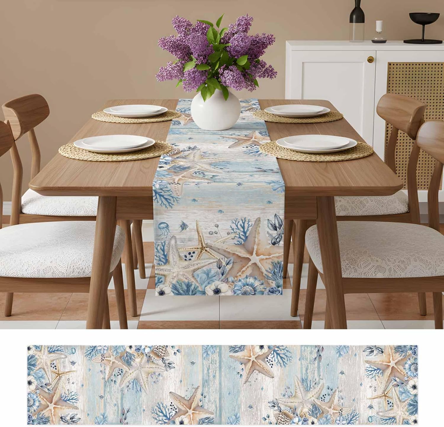 Starfish Coastal Table Runner - 108 Inch Long, Blue Grey Wooden Coral Floral Summer Ocean Kitchen Dining Table Runner Dresser Scarves, Farmhouse Decor for Coffee Tables Wedding Party Banquet