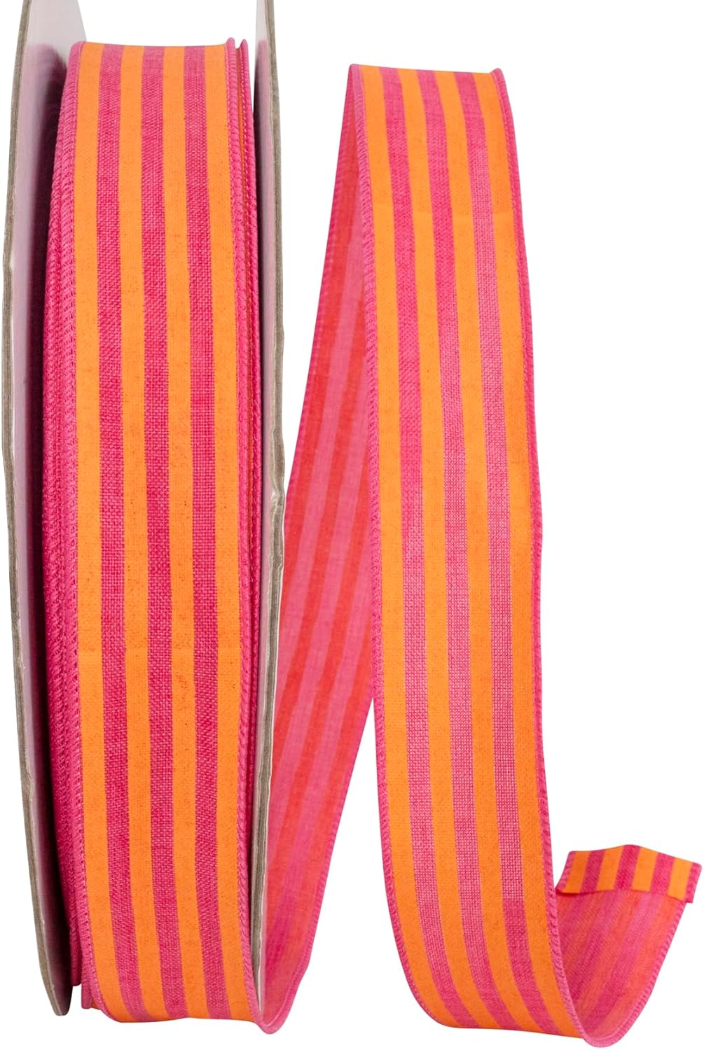 Reliant Ribbon Broad Striped Linen Value Wired Edge, Orange/Fuchsia, 1-1/2 Inch, 50 Yards