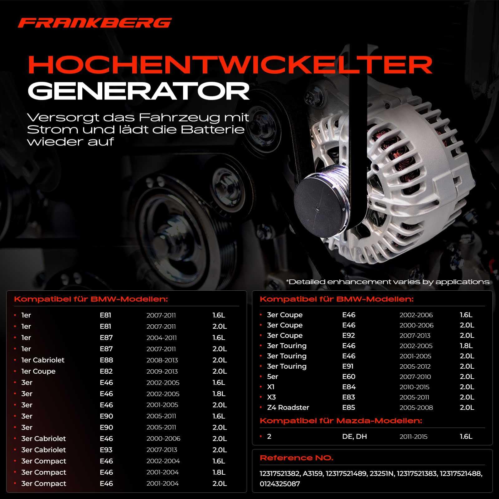 Frankberg Lichtmaschine Generator Kompatibel mit 3er E46 316 318 1.6L-2.0L 2001-2005 X3 E83 2.0i xDrive20i 2.0L 2005-2011 Z4 Roadster E85 2.0L 2005-2008 Replace# 12317521489