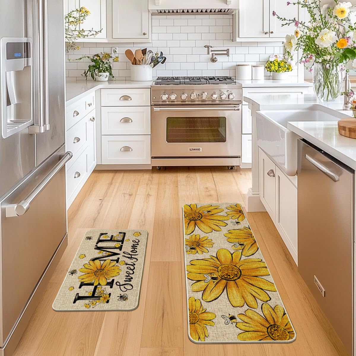 Artoid Mode Beige Bee Sunflower Daisy Home Spring Kitchen Mats Set of 2, Summer Home Decor Low-Profile Kitchen Rugs for Floor - 17x29 and 17x47 Inch