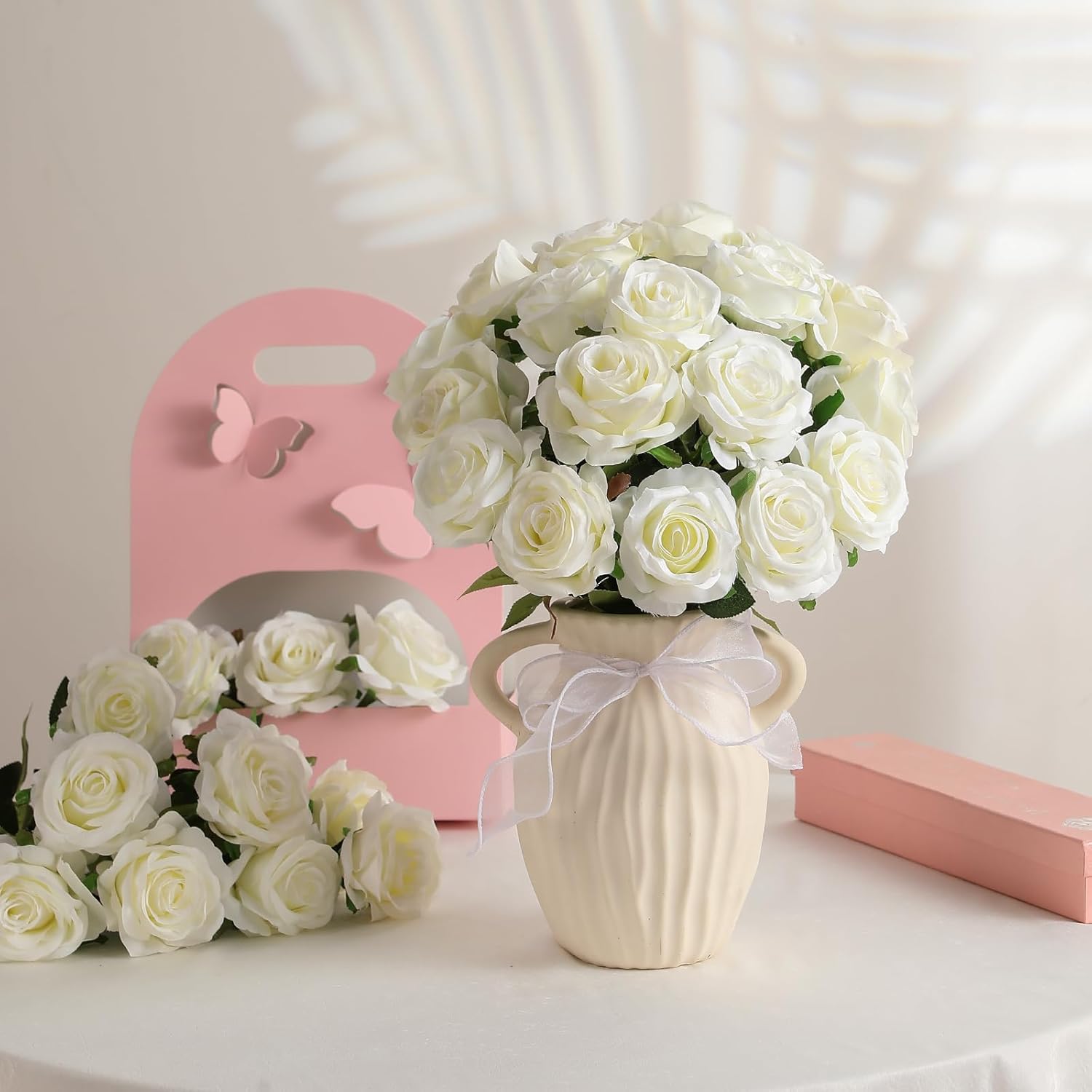 Kisflower 60 Pcs White Roses Artificial Flowers Bulk, Silk Roses with Stem Realistic White Artificial Roses for Decoration DIY Wedding Bouquet Bridal Shower Party Home Table Centerpieces Decor (White)