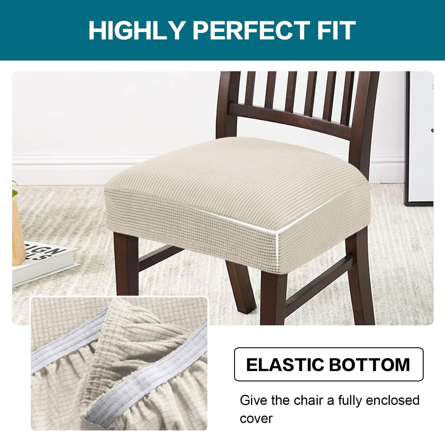 Turquoize Stretch Dining Chair Covers Seat Covers for Dining Room Chair Covers Set of 6，Removable Washable Kitchen Chair Seat Cushion Slipcovers Protector, Natural