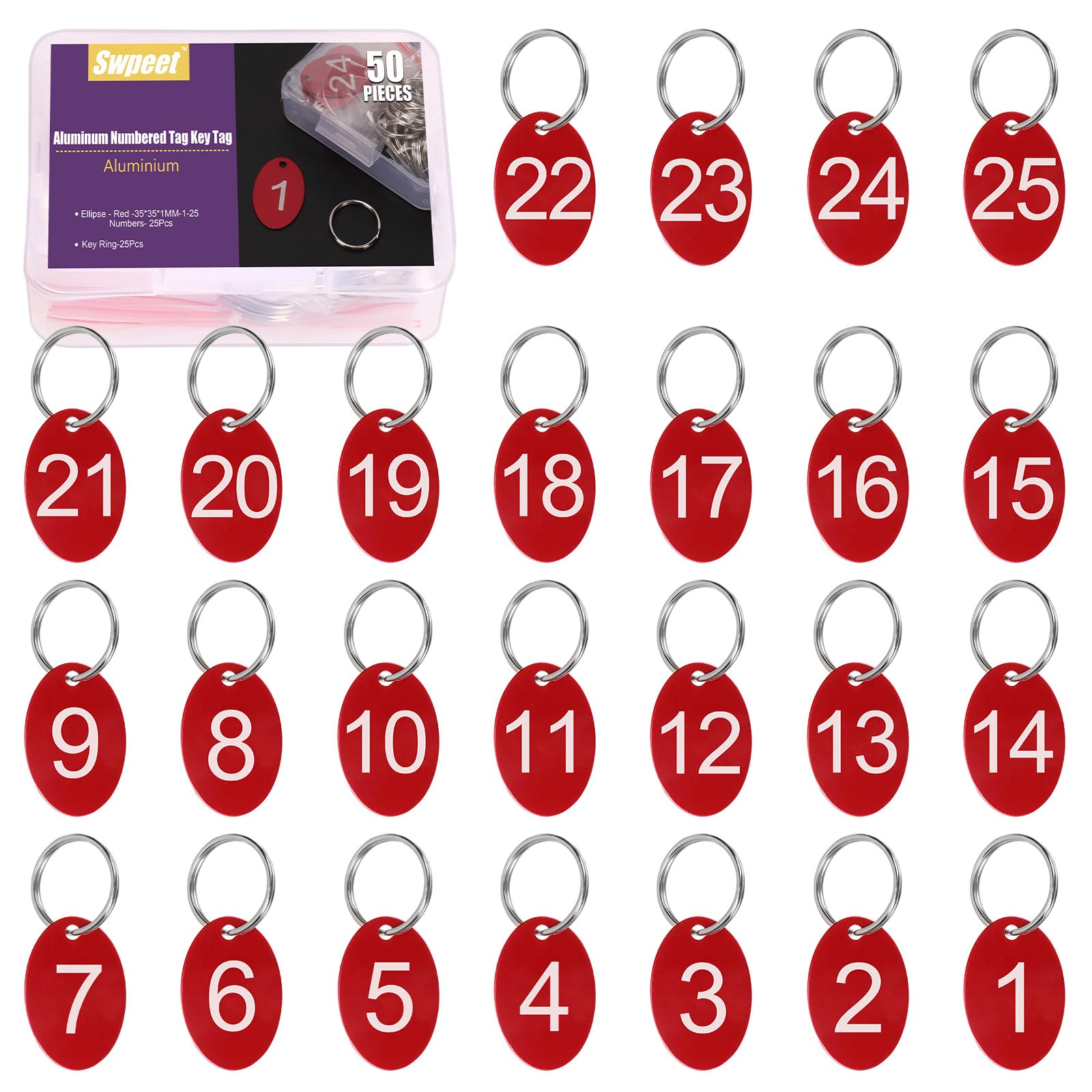 Swpeet 50Pcs 1-25 Number Red Oval Aluminum Number Tags with Key Rings Assortment Kit, Metal Keychain Tag with Keyrings Numbered Key Tags ID Tag for Coding, Decoration