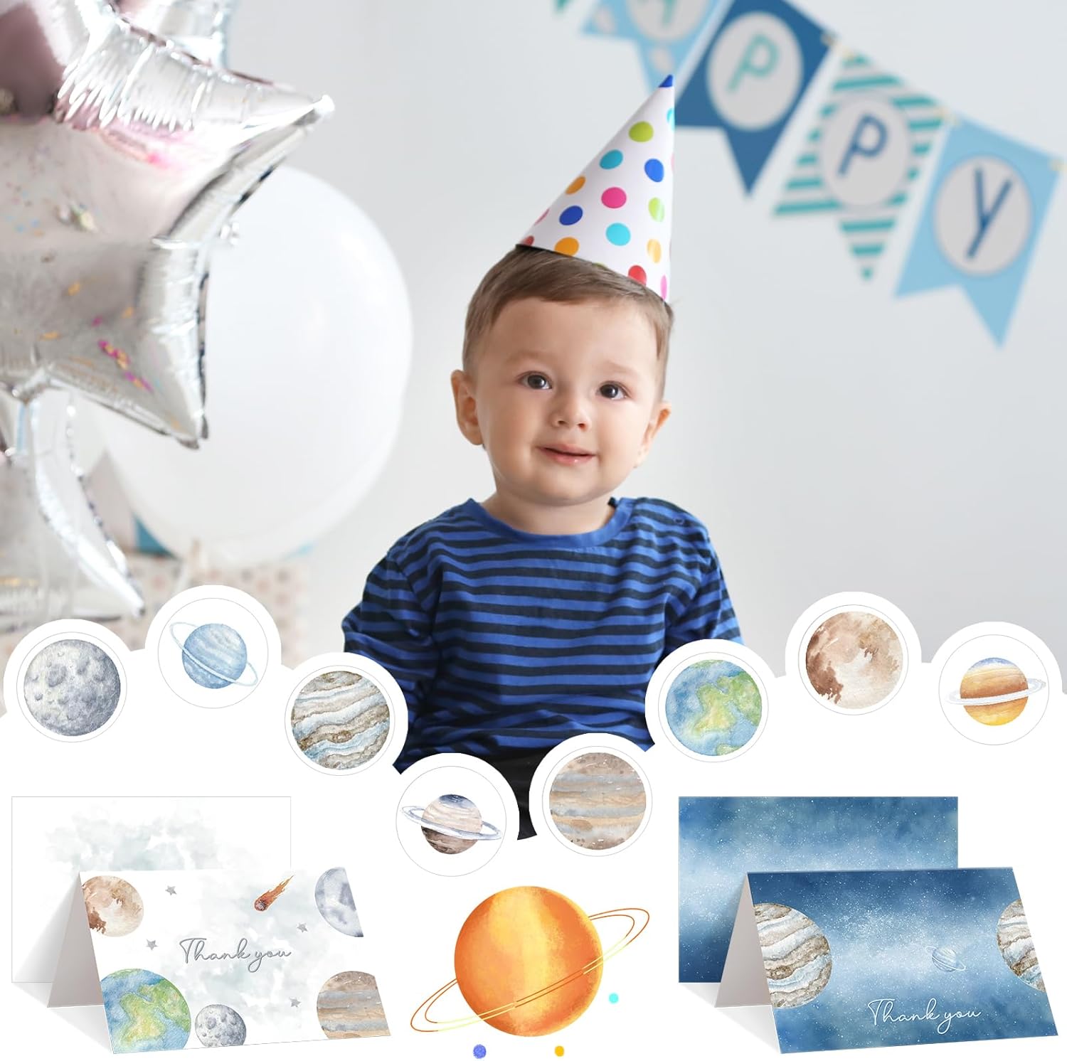 Geyoga 48 Pcs Space Thank You Card with 48 Envelopes 48 Stickers First Trip Around the Sun 6 x 8 Blank Galaxy Planet Greeting Card Stars Moon Gratitude Gift for Back to School Baby Shower Birthday - Image 5