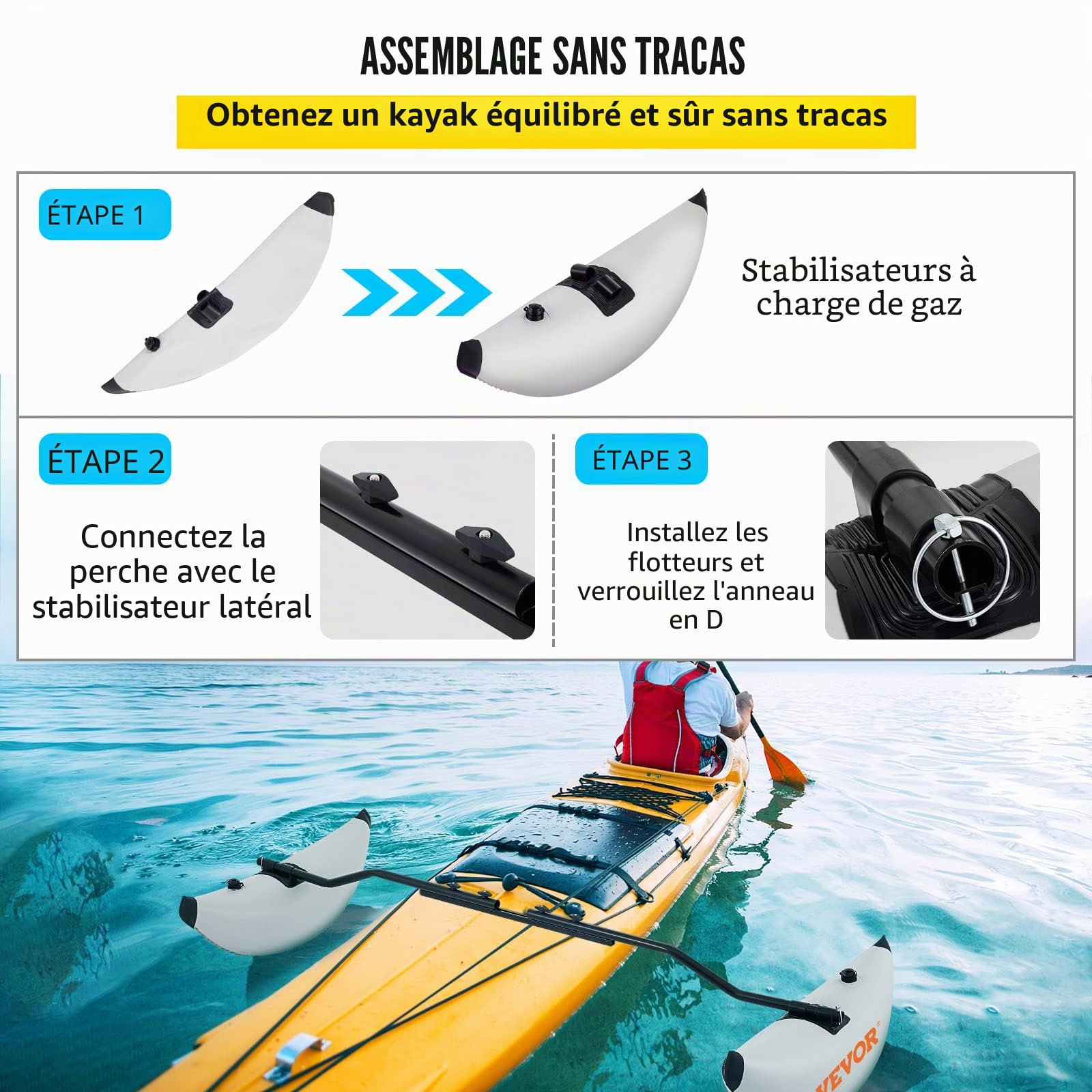 VEVOR Kit de Système de Stabilisateur de Flotteur 2,1-2,4 m Stabilisateur de PVC de Kayak Dégonfler et Gonfler Facilement Canoë Stabilisateur pour Le Kayak Le Canoë la Navigation de Plaisance Pêche