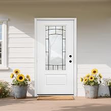 Casaphoria 36" x 80" Fiberglass Entry Door with 4-9/16" Vinyl Frame,Left Hand Inswing Exterior Door with Brickmould, 3/4 View Wrought lron Glass Primed Knock-Down Front Door for Home Entrance, White