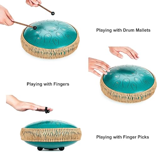 Vista 16 de Tambor de lengua de acero, tambor de lengua de 15 notas de 12 pulgadas, instrumentos de percusión, tambor de mano con libro de música, mazos de Negro