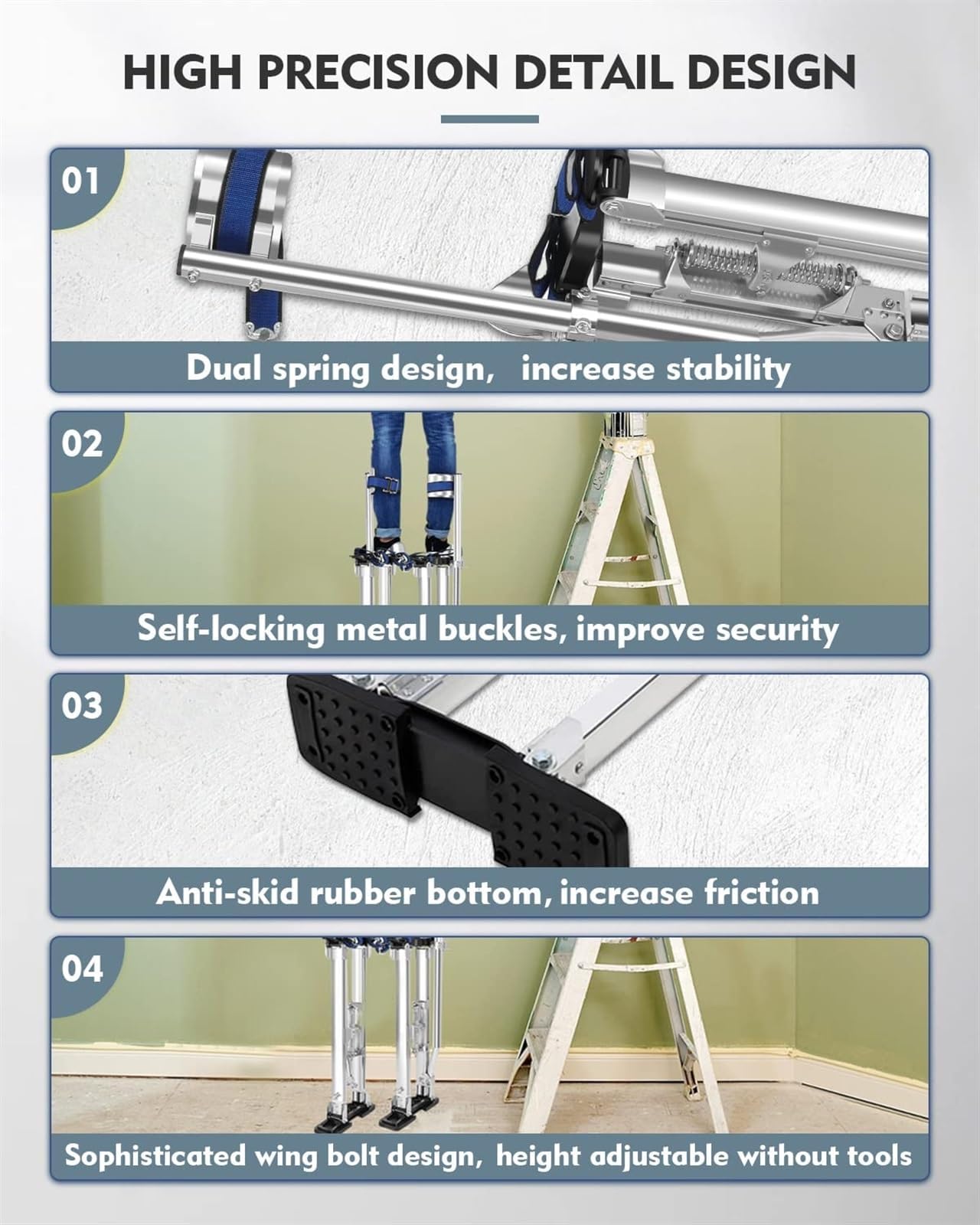 Szczudła robocze, (szczudła do płyt gipsowo-kartonowych, profesjonalne szczudła do płyt gipsowo-kartonowych ze stopu aluminium, regulowane paski, szczudła budowlane do tynkowania płyt gipsowo-karton