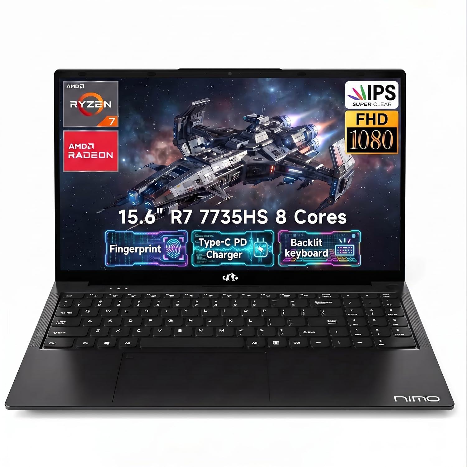 NIMO 15.6" Light Gaming Laptop, AMD R7 7735HS 8 Cores 32GB DDR5 RAM 1TB SSD | (Up to 4.75GHz) Radeon 680M FHD, 100W Type-C, Backlit Keyboard, Fingerprint, 180° Views, Windows 11 Computer for AI Creators